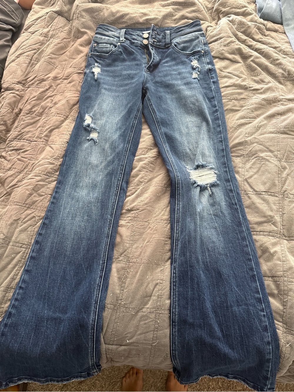 High-Rise Distressed Flare Jeans - Dark Blue
